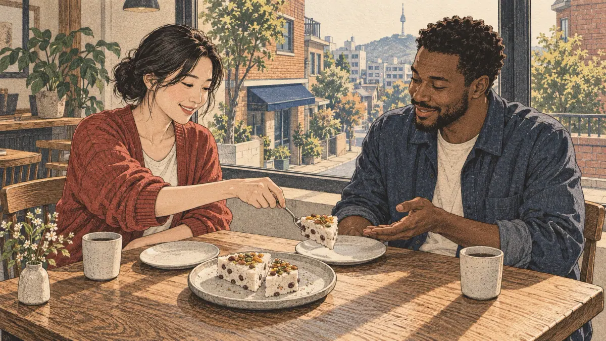 Friends divide their share of a café snack in Seoul.