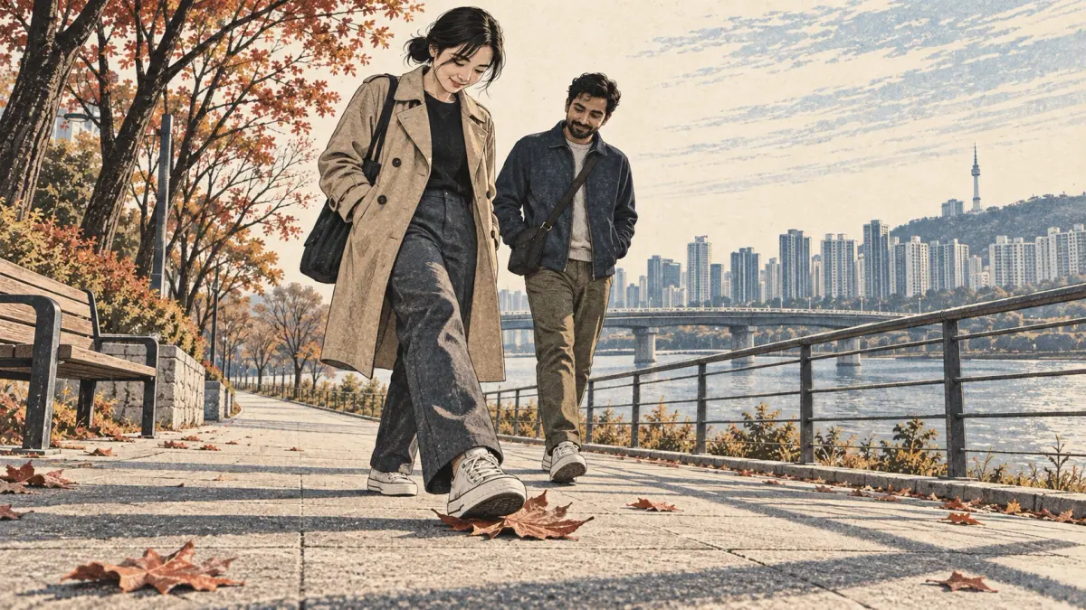 An adult steps on a fallen leaf along a wide Seoul park walkway.
