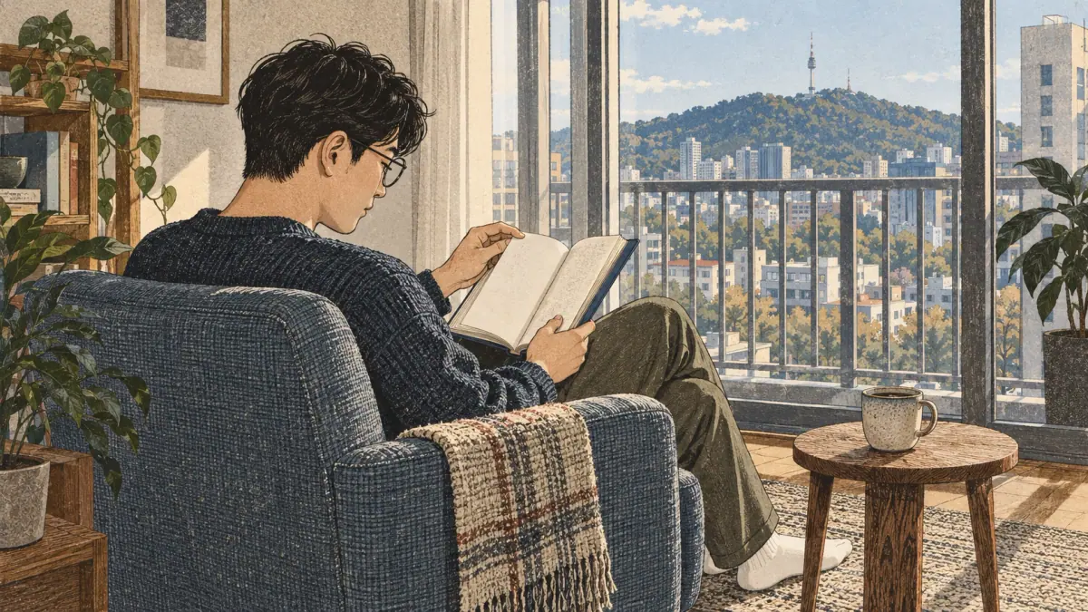 An adult reads a book beside a window in a Seoul apartment.