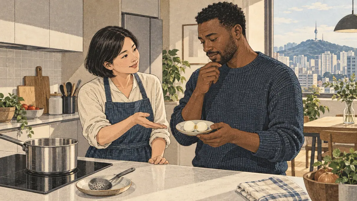 A Korean tutor and an adult learner practise pronunciation while preparing boiled eggs in a Seoul apartment.