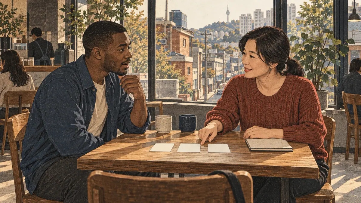 A Korean tutor guides an adult learner through a spoken word drill at a Seoul café table.