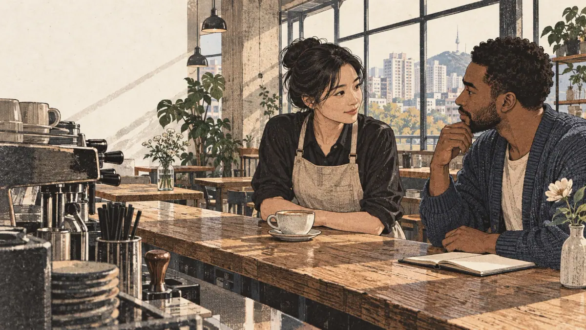 An adult learner listens and repeats with a Korean partner on a Seongsu café counter.