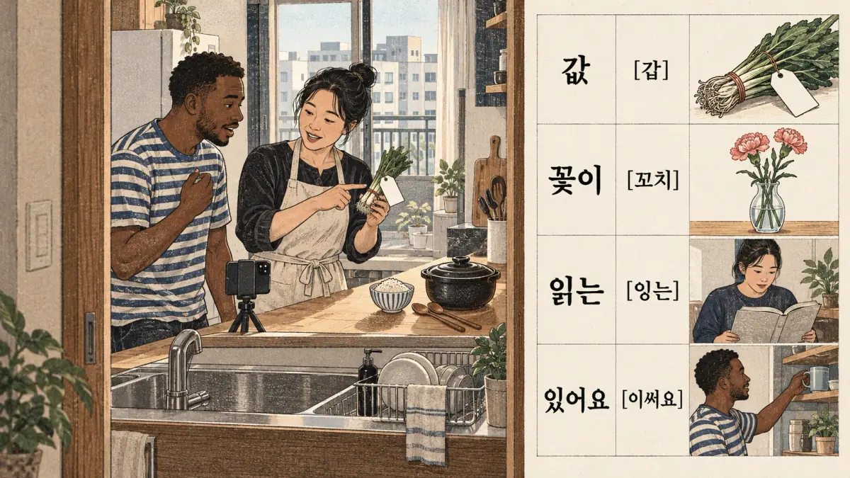 Labelled examples: 값, [갑], 꽃이, [꼬치], 읽는, [잉는], 있어요, [이써요]