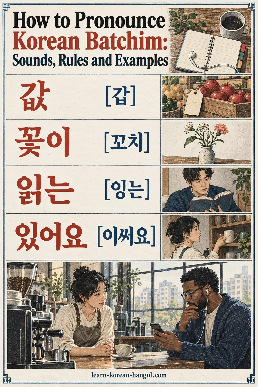 Practice card: 값, [갑], 꽃이, [꼬치], 읽는, [잉는], 있어요, [이써요]
