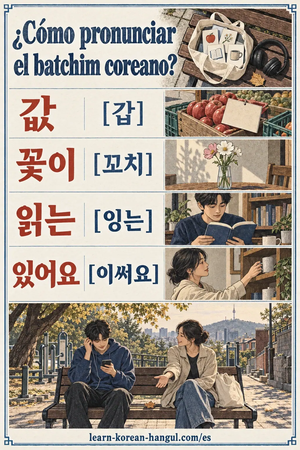 Tarjeta de práctica: 값, [갑], 꽃이, [꼬치], 읽는, [잉는], 있어요, [이써요]