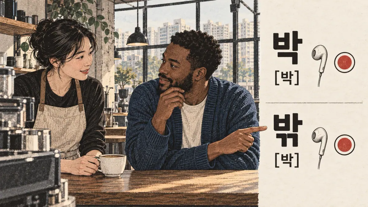 Illustrated pronunciation practice: 박, 밖.