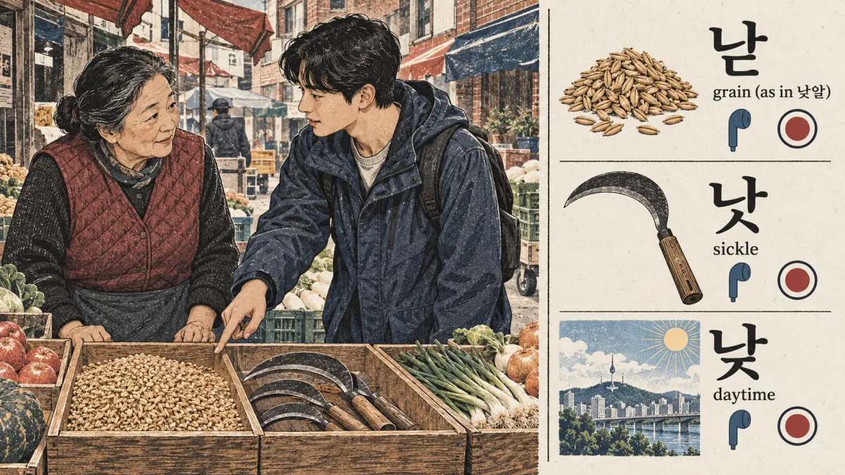 Illustrated pronunciation practice: 낟, 낫 (sickle), 낮 (daytime).