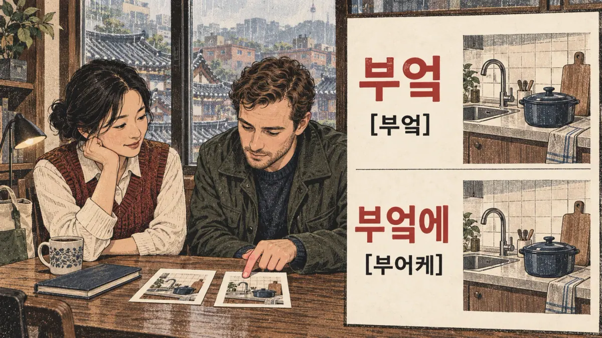 Illustrated pronunciation practice: 부엌, 부엌에.