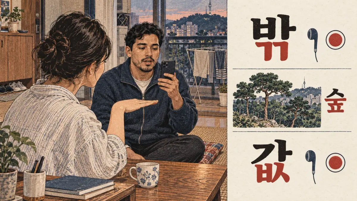 Illustrated pronunciation practice: 밖, 숲, 값.