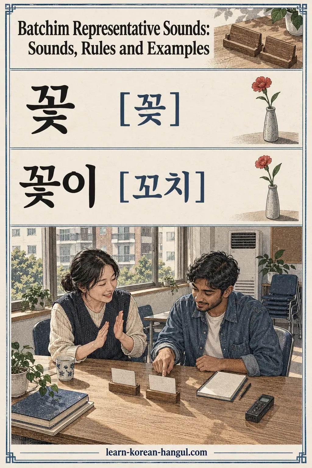 Illustrated pronunciation practice: 꽃, 꽃이.
