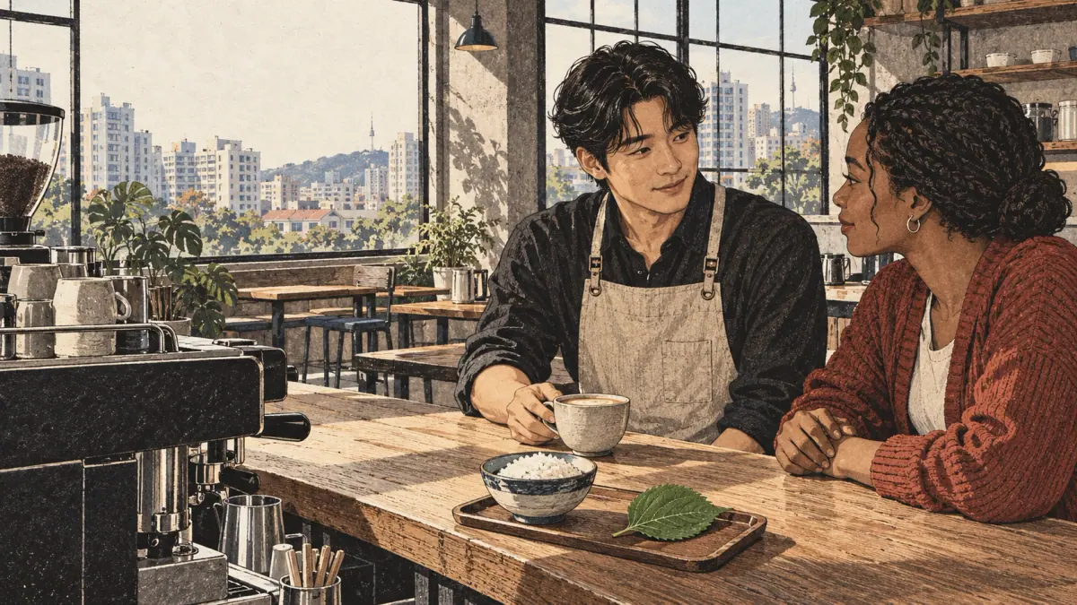 An adult learner listens and repeats with a Korean partner on a Seongsu café counter.