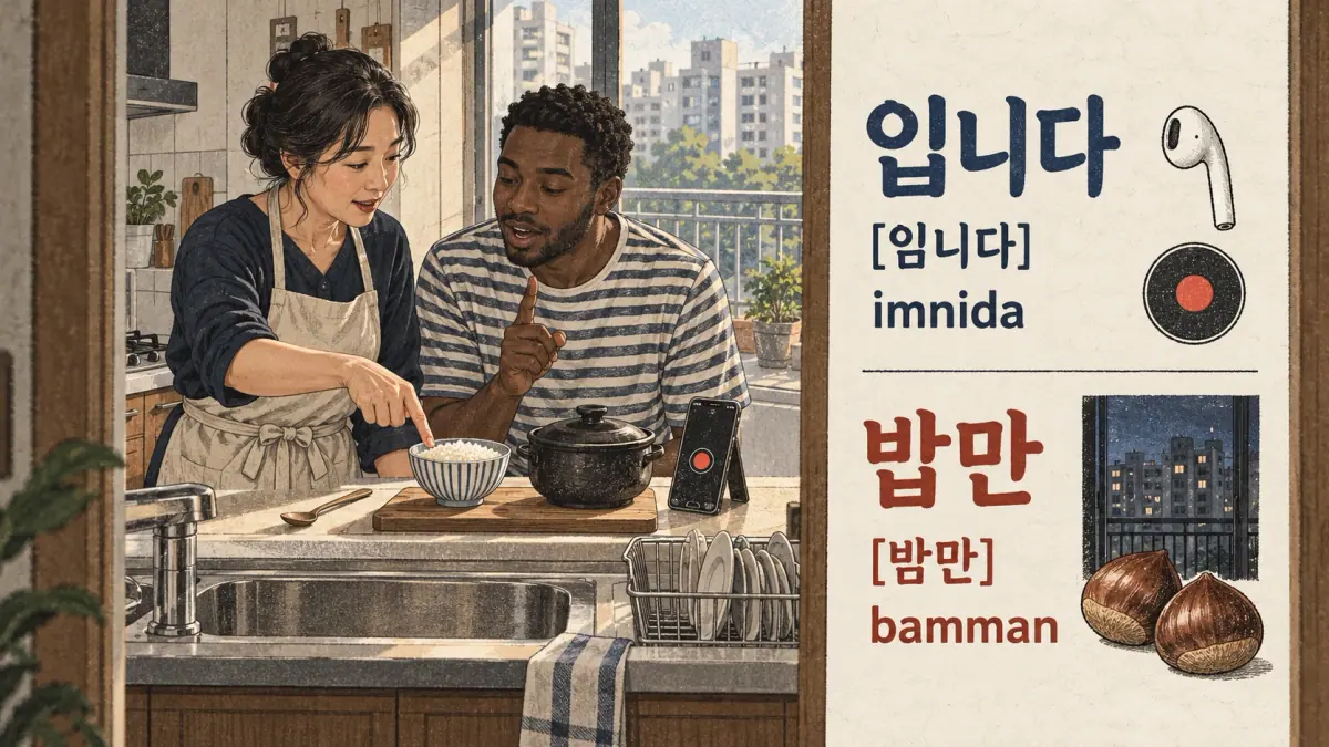 Illustrated pronunciation practice: 입니다, 밥만.