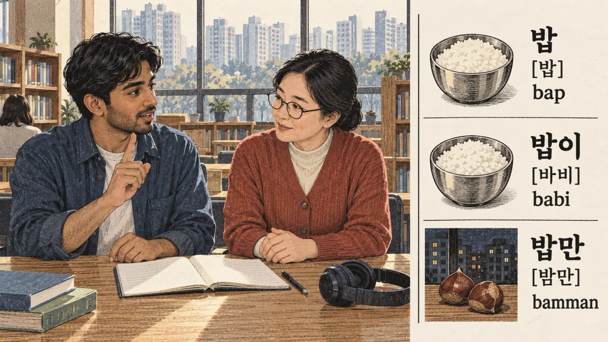 Illustrated pronunciation practice: 밥, 밥이, 밥만.