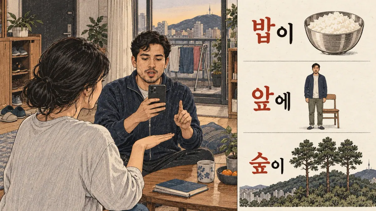 Illustrated pronunciation practice: 밥이, 앞에, 숲이.
