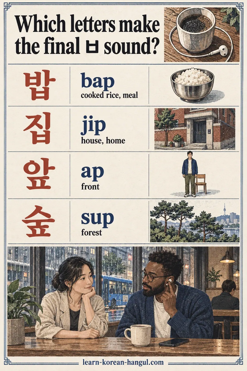 Illustrated pronunciation practice: 밥 (bap), 집 (jip), 앞 (ap), 숲 (sup).