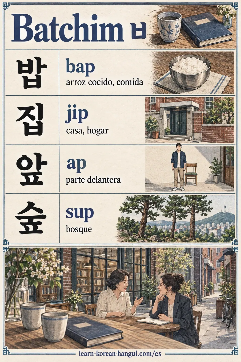 Práctica ilustrada de pronunciación: 밥 (bap), 집 (jip), 앞 (ap), 숲 (sup).