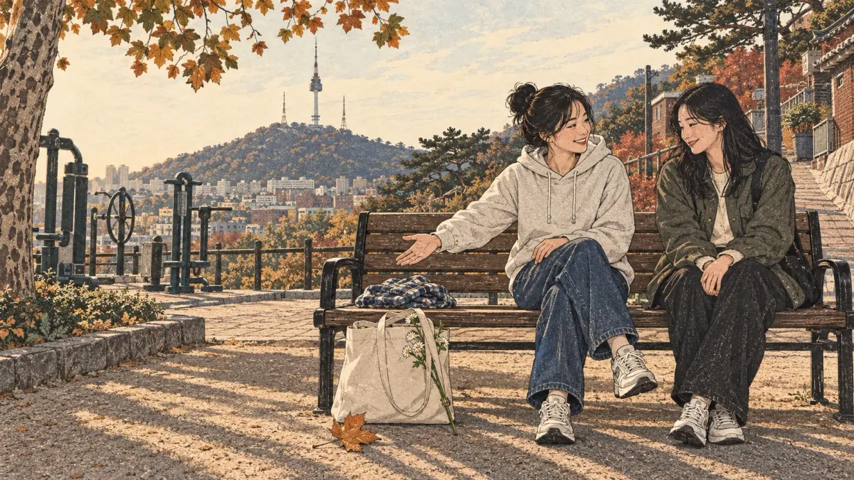 An adult learner listens and repeats with a Korean partner on a Seoul neighbourhood park bench.