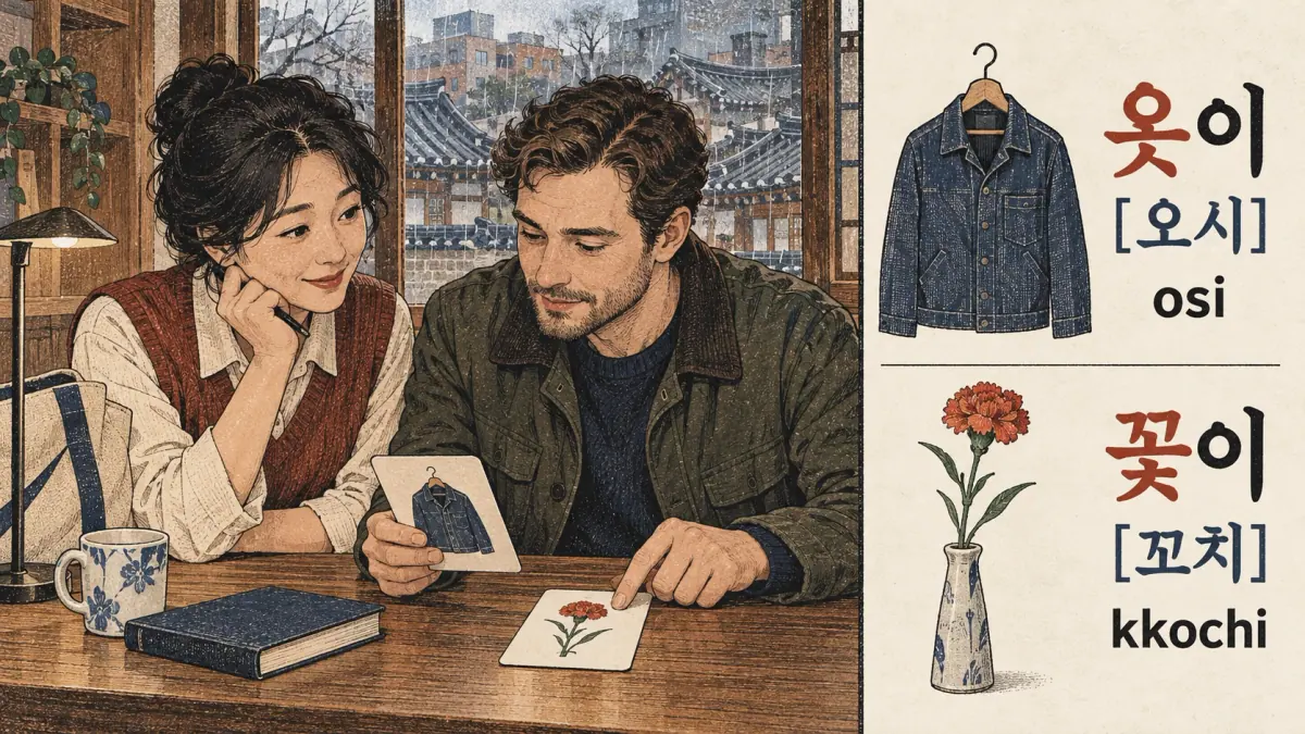 Illustrated pronunciation practice: 옷이, 꽃이.