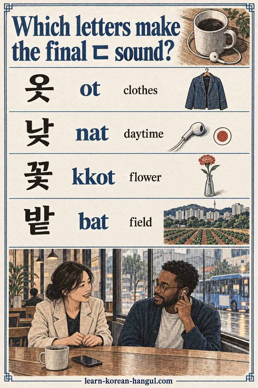 Illustrated pronunciation practice: 옷 (ot), 낮 (nat), 꽃 (kkot), 밭 (bat).