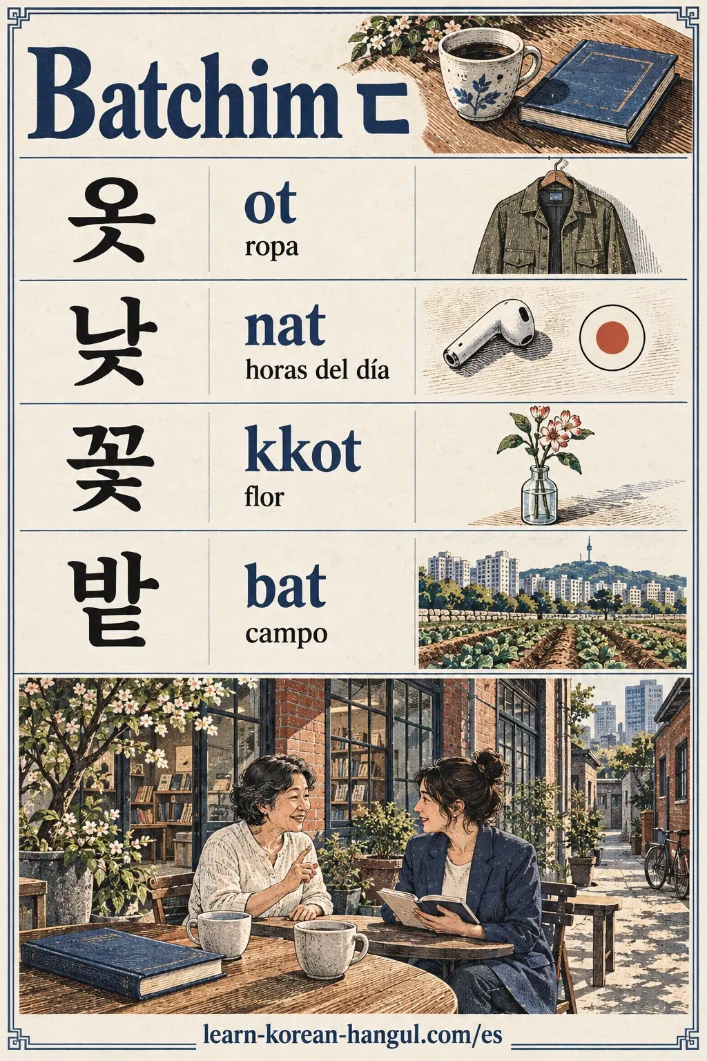 Práctica ilustrada de pronunciación: 옷 (ot), 낮 (nat), 꽃 (kkot), 밭 (bat).