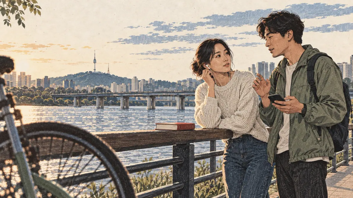 An adult learner listens and repeats with a Korean partner on a Han River path.