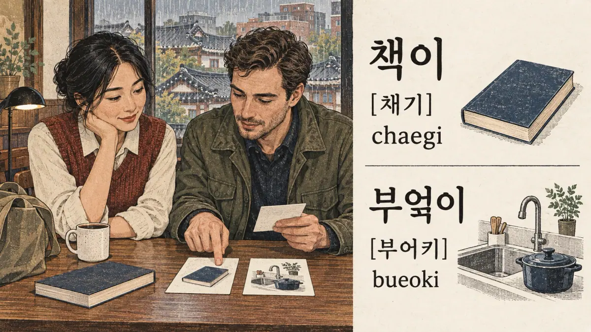 Illustrated pronunciation practice: 책이, 부엌이.
