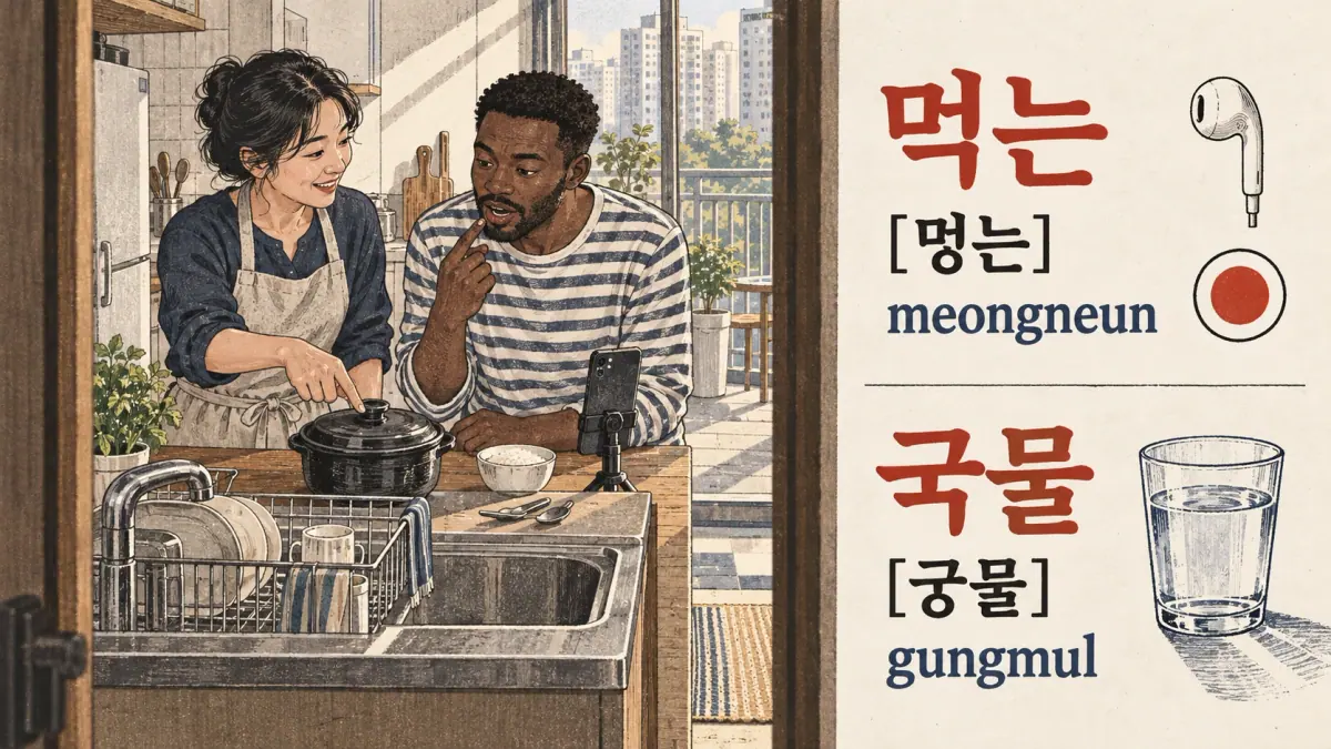 Illustrated pronunciation practice: 먹는, 국물.