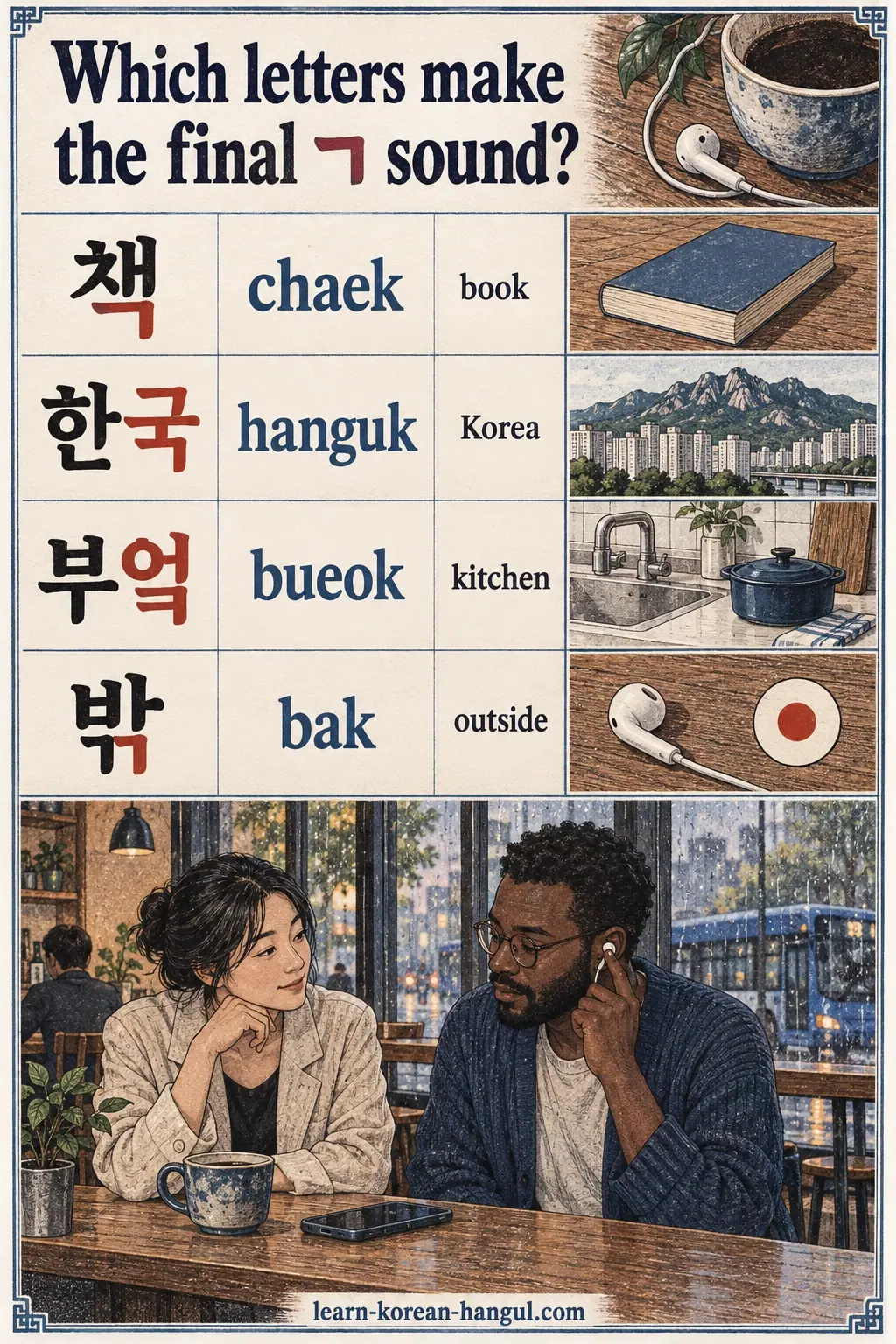 Illustrated pronunciation practice: 책 (chaek), 한국 (hanguk), 부엌 (bueok), 밖 (bak).