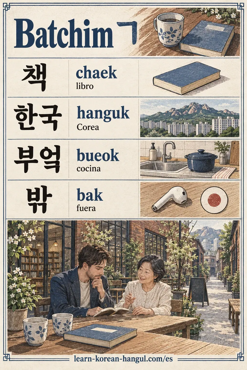 Práctica ilustrada de pronunciación: 책 (chaek), 한국 (hanguk), 부엌 (bueok), 밖 (bak).