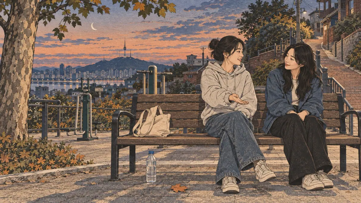 An adult learner listens and repeats with a Korean partner on a Seoul neighbourhood park bench.