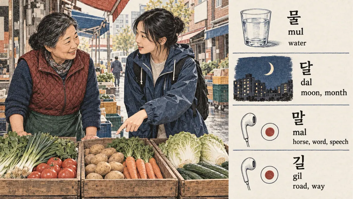 Illustrated pronunciation practice: 물 (mul), 달 (dal), 말 (mal), 길 (gil).