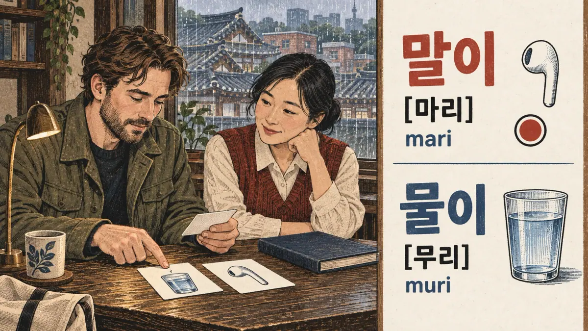 Illustrated pronunciation practice: 말이, 물이.