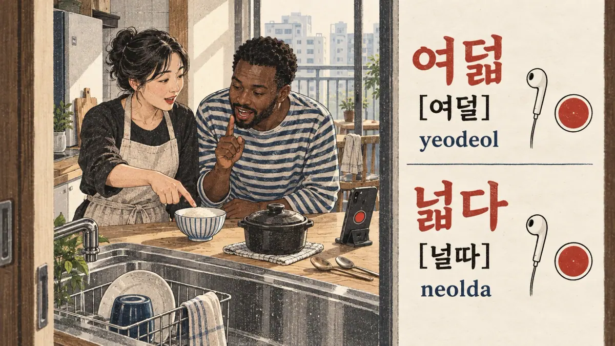 Illustrated pronunciation practice: 여덟, 넓다.