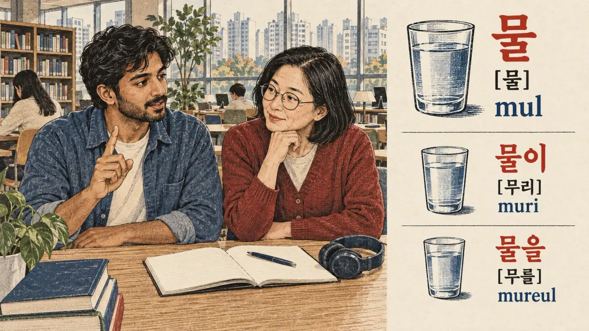 Illustrated pronunciation practice: 물, 물이, 물을.