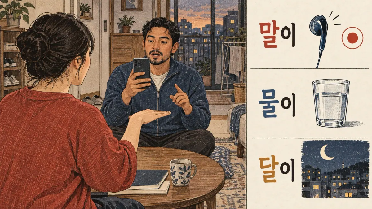 Illustrated pronunciation practice: 말이, 물이, 달이.