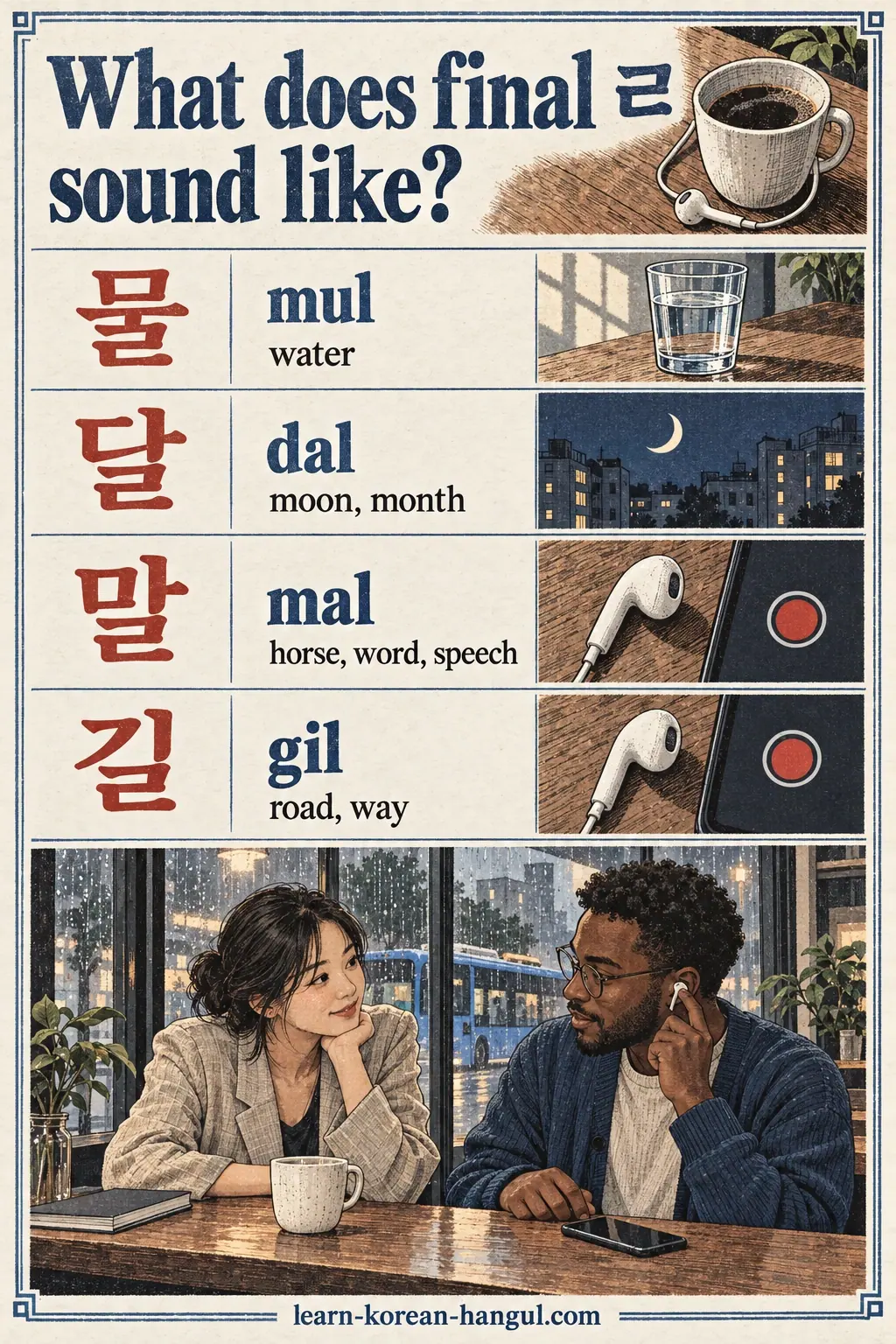 Illustrated pronunciation practice: 물 (mul), 달 (dal), 말 (mal), 길 (gil).