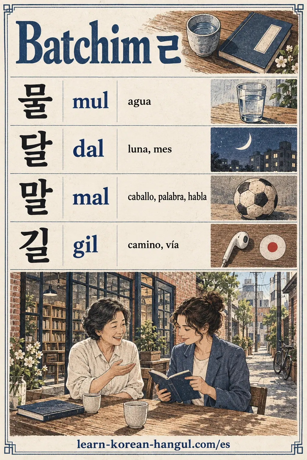 Práctica ilustrada de pronunciación: 물 (mul), 달 (dal), 말 (mal), 길 (gil).