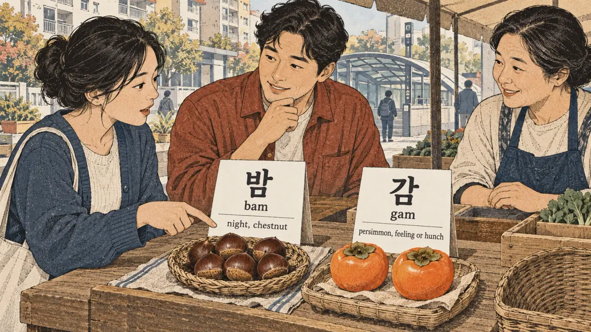 Korean pronunciation section showing 밤 (bam); 감 (gam).