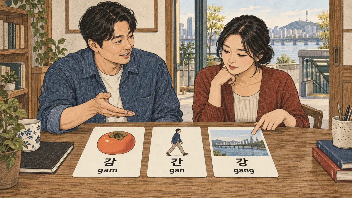 Korean pronunciation section showing 감 (gam); 간 (gan); 강 (gang).