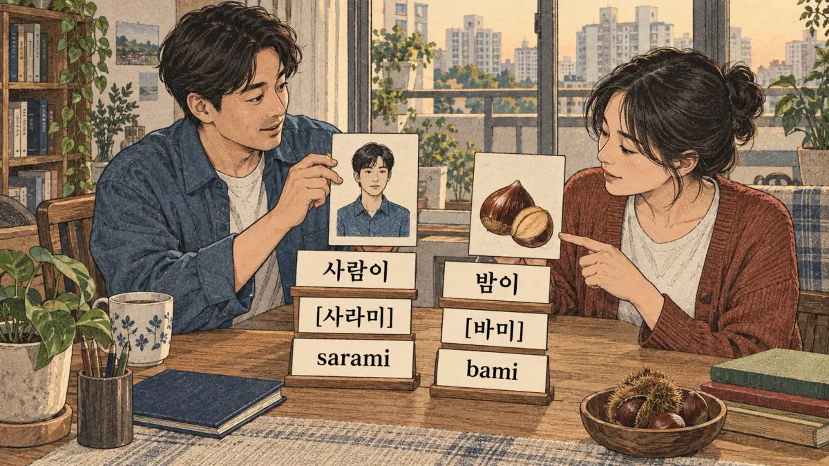Korean pronunciation section showing 사람이 (sarami); 밤이 (bami).