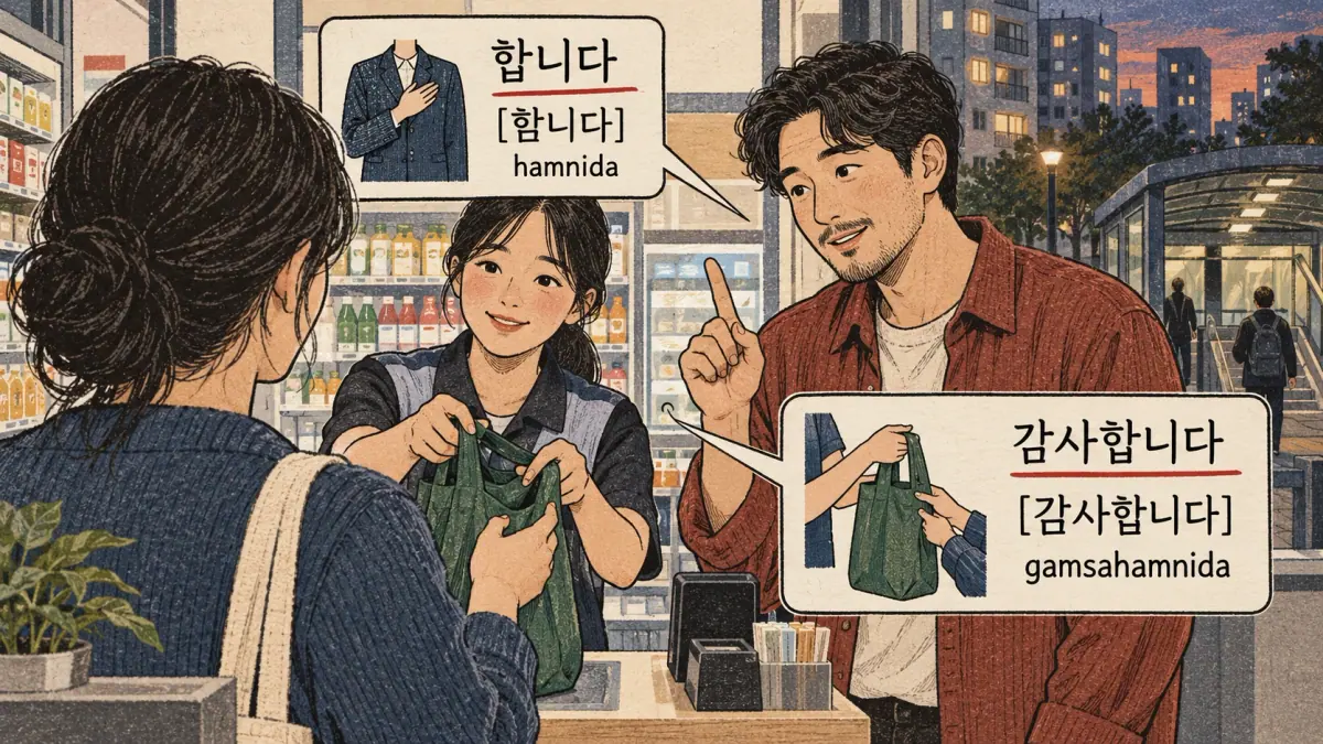Korean pronunciation section showing 합니다 (hamnida); 감사합니다 (gamsahamnida).