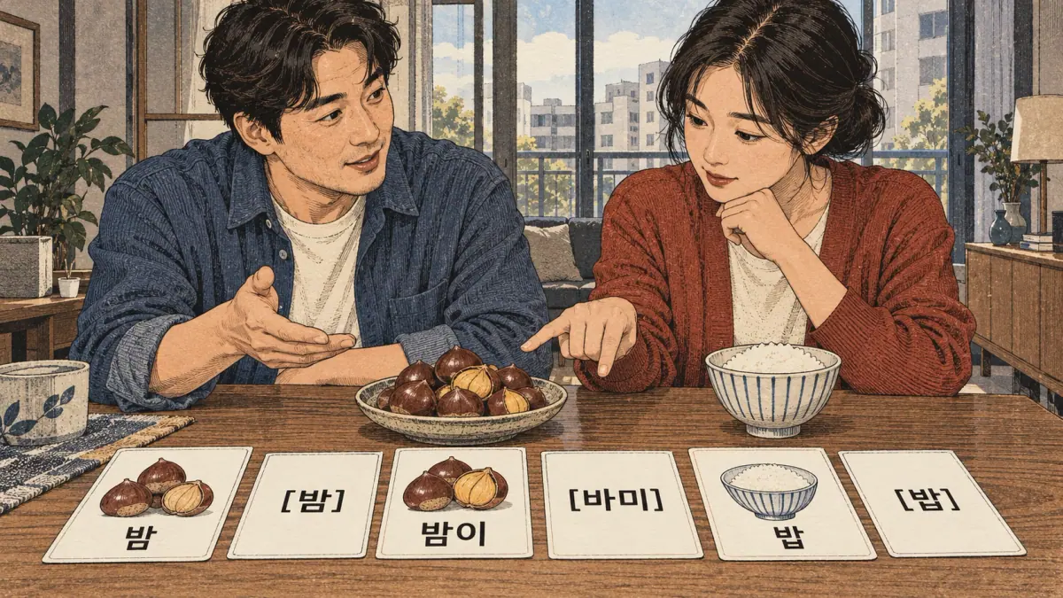 Korean pronunciation section showing 밤; 밤이; 밥.
