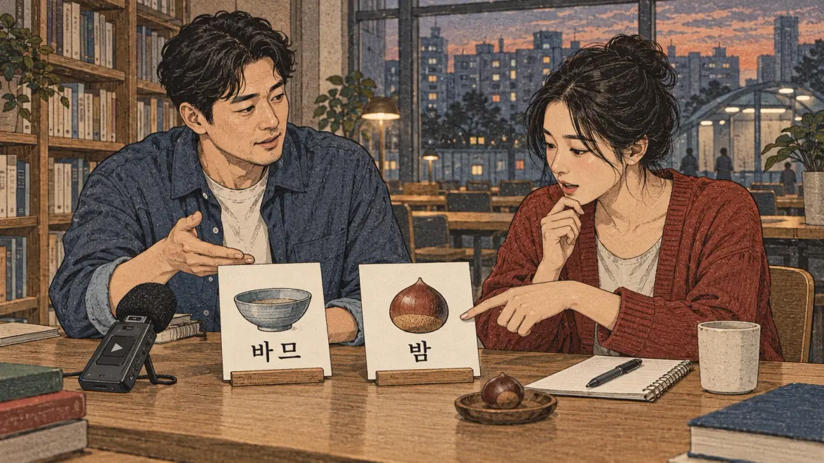 Korean pronunciation section showing 바므; 밤.