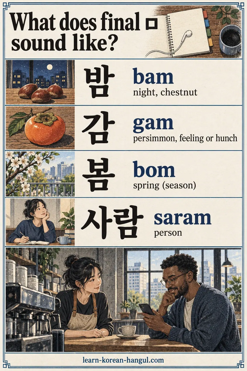 Korean pronunciation pin showing 밤 (bam); 감 (gam); 봄 (bom); 사람 (saram).