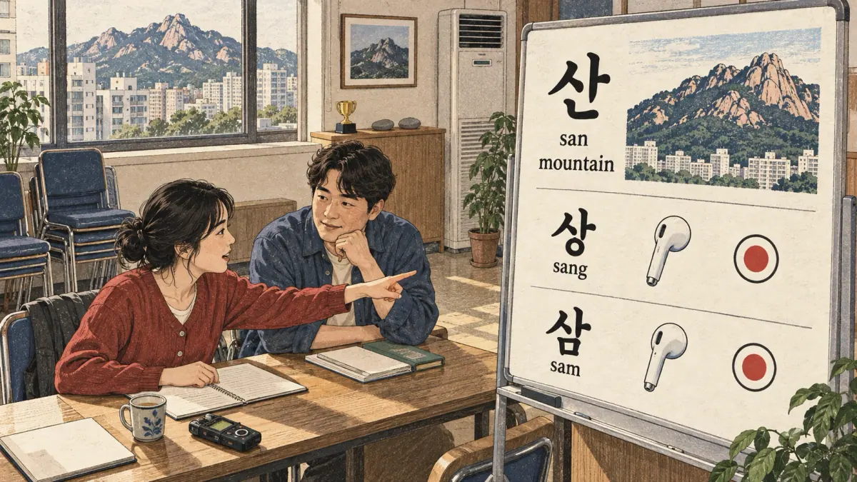 Illustrated pronunciation practice: 산 (san), 상 (sang), 삼 (sam).