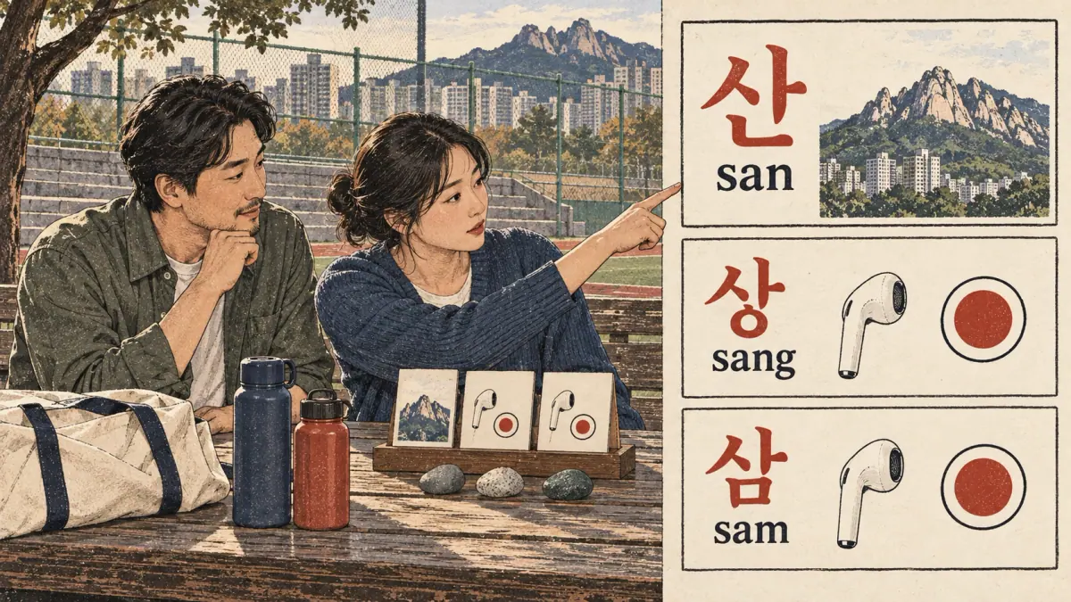 Illustrated pronunciation practice: 산 (san), 상 (sang), 삼 (sam).