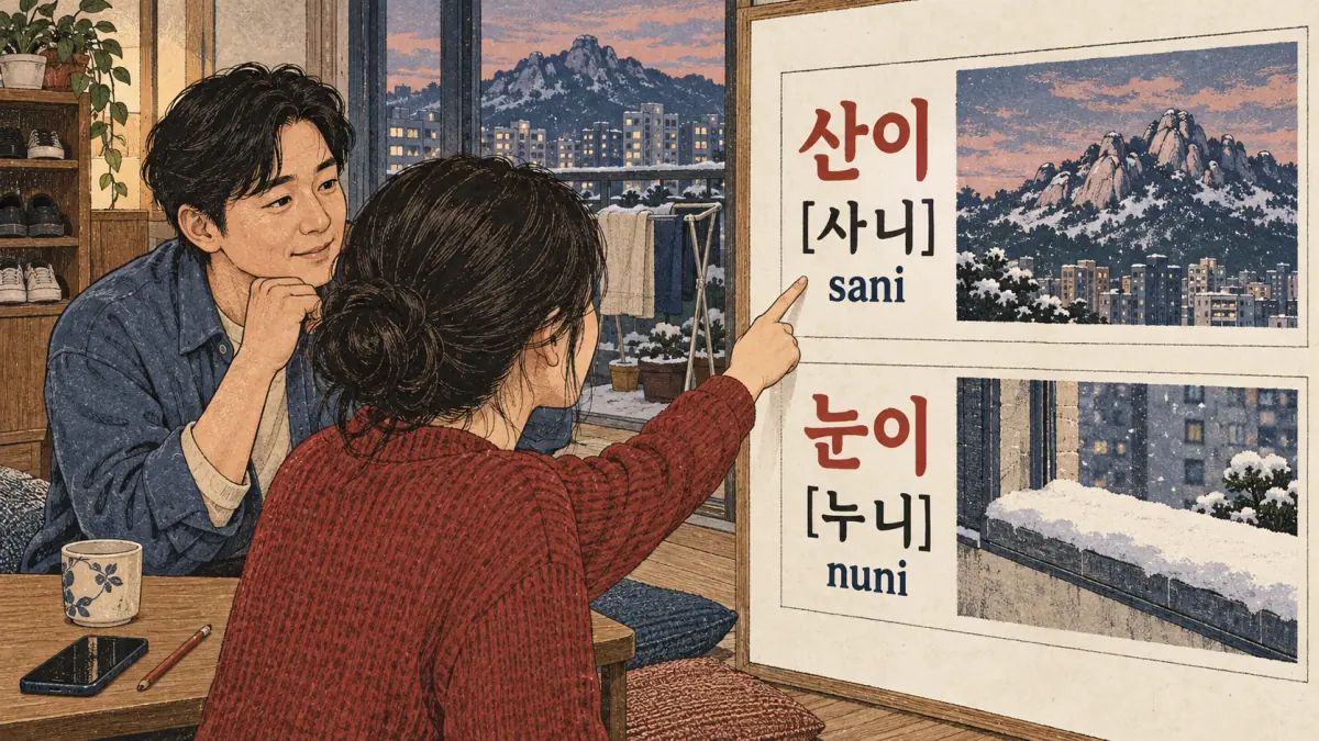 Illustrated pronunciation practice: 산이, 눈이.