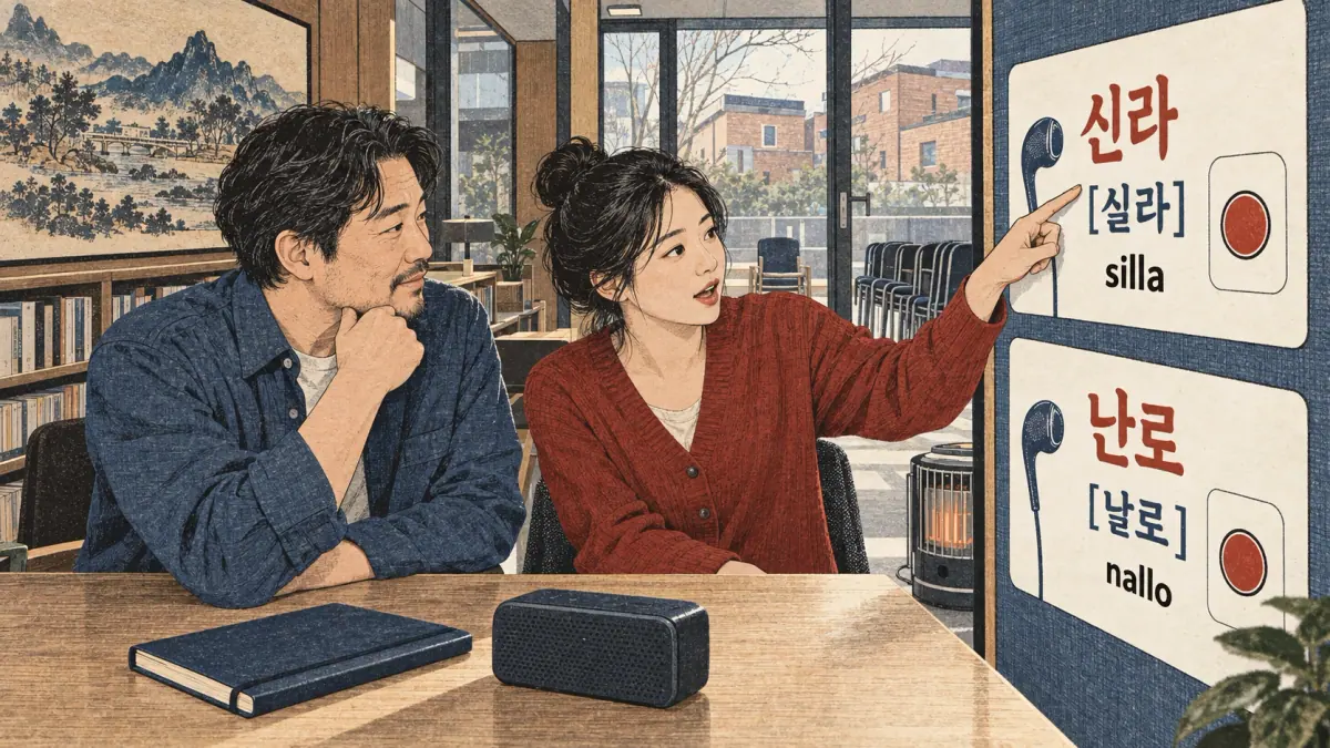 Illustrated pronunciation practice: 신라, 난로.