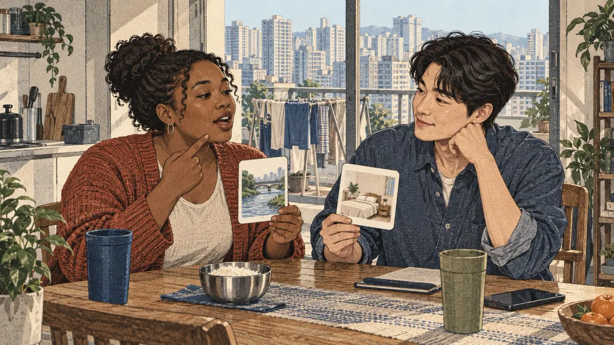 Adult learners practise pronunciation in a Seoul apartment dining nook.