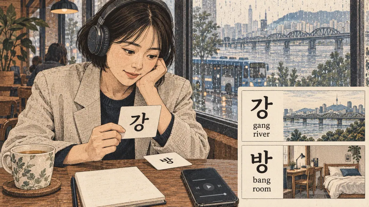 Learner and illustrated examples: 강, 방, gang, bang.